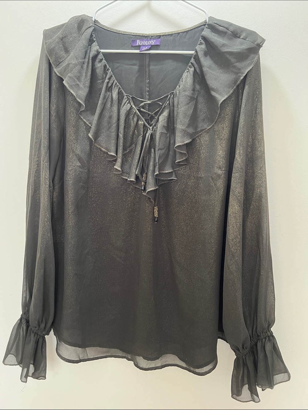 Roaman's Sheer Charcoal Ruffle Tie-Front Blouse